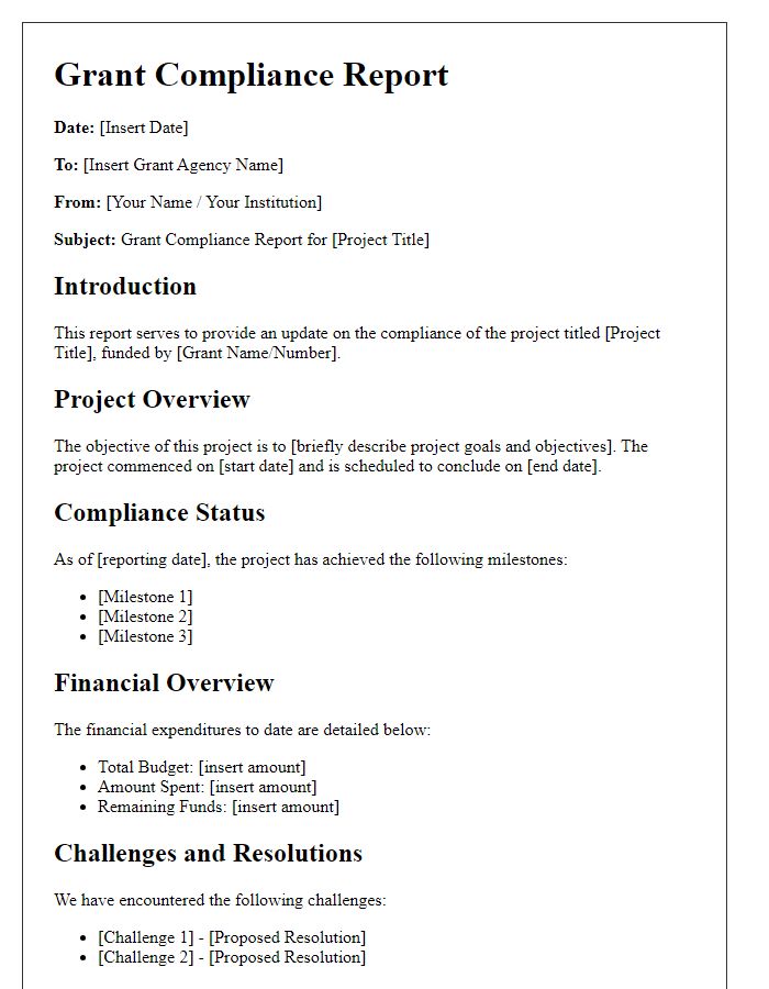 Letter template of grant compliance report for research projects