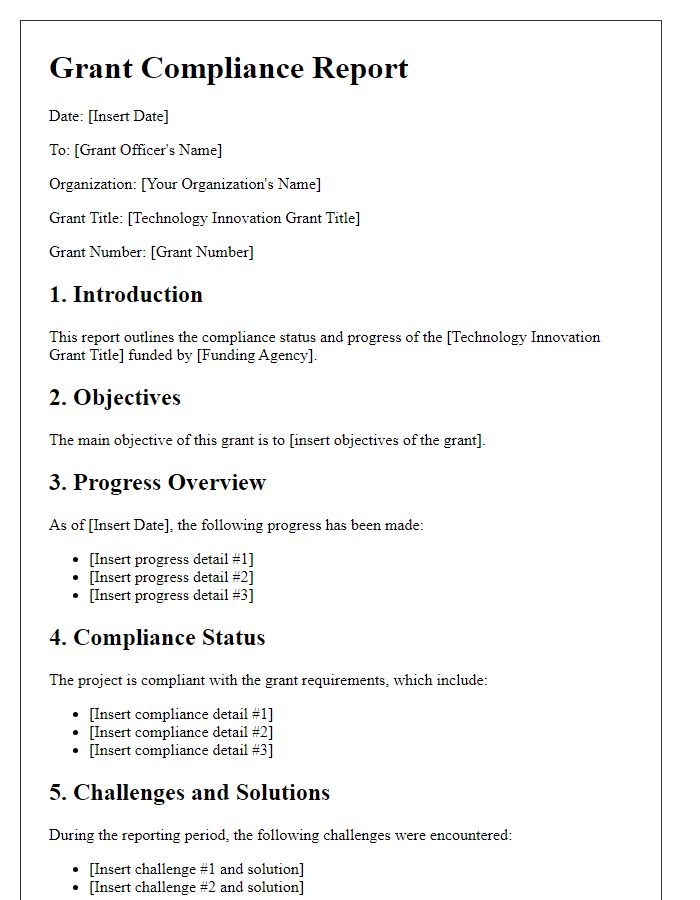 Letter template of grant compliance report for technology innovation grants