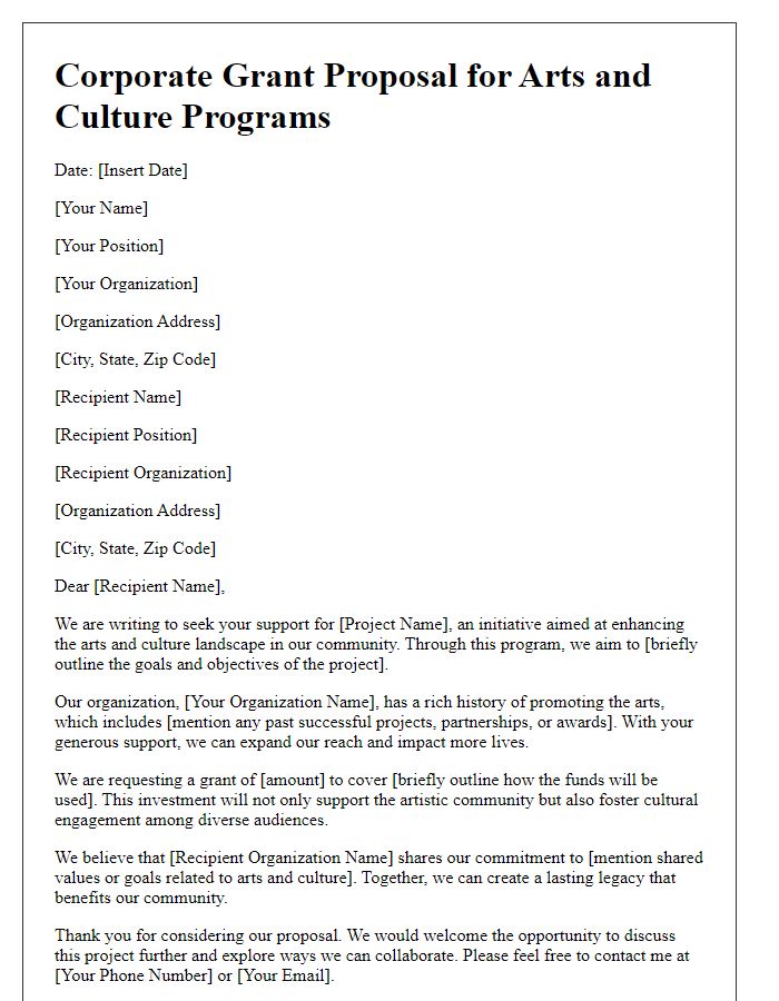 Letter template of corporate grant proposal for arts and culture programs