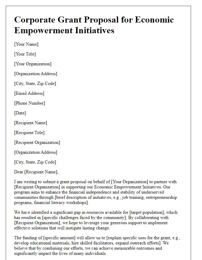 Letter template of corporate grant proposal for economic empowerment initiatives