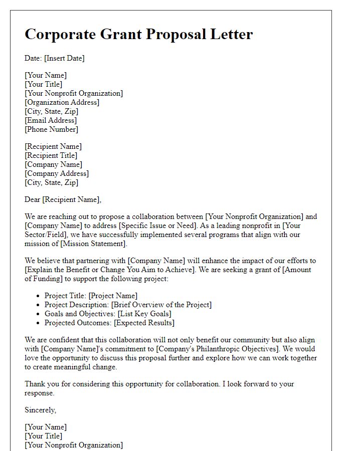 Letter template of corporate grant proposal for nonprofit collaboration projects