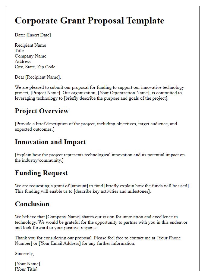 Letter template of corporate grant proposal for technology innovation