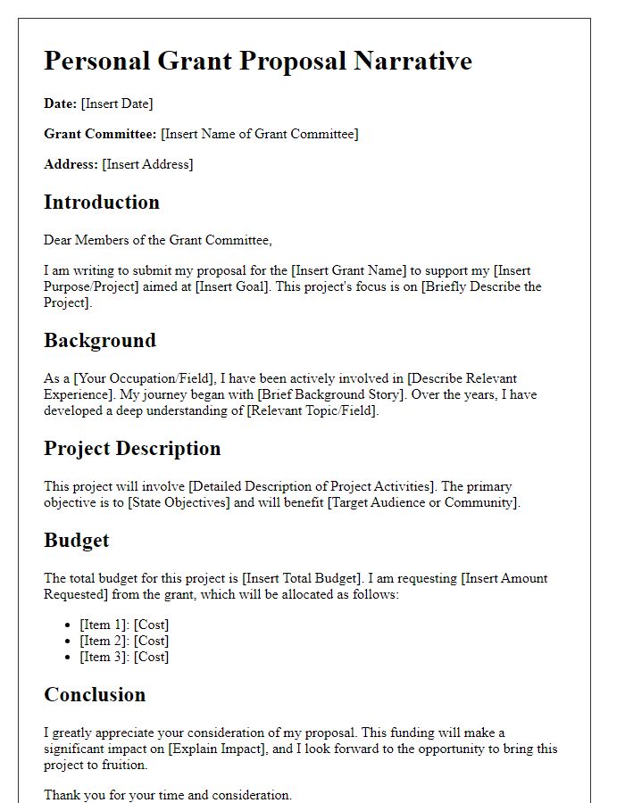 Letter template of personal grant proposal narrative