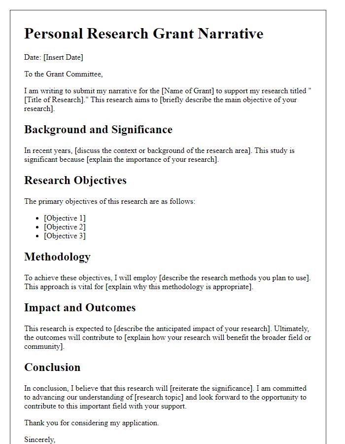 Letter template of personal research grant narrative