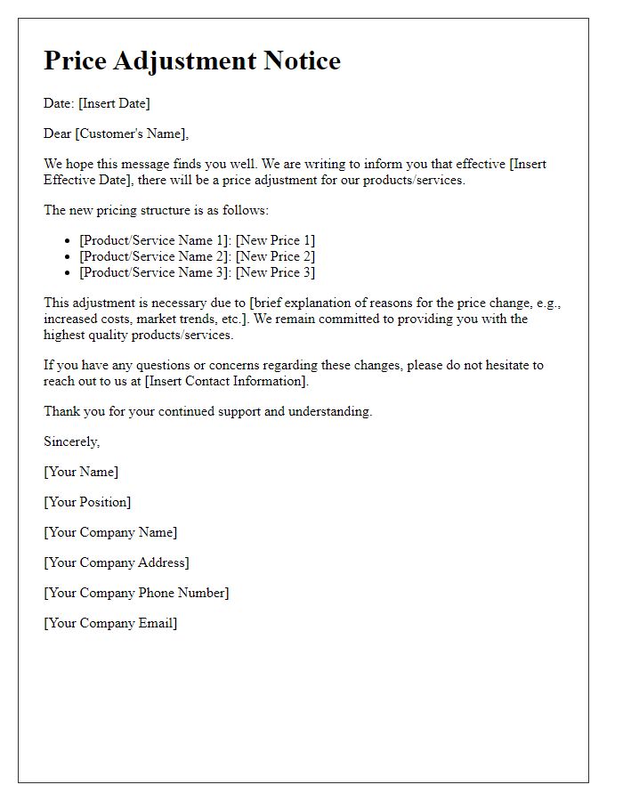 Letter template of price adjustment notice