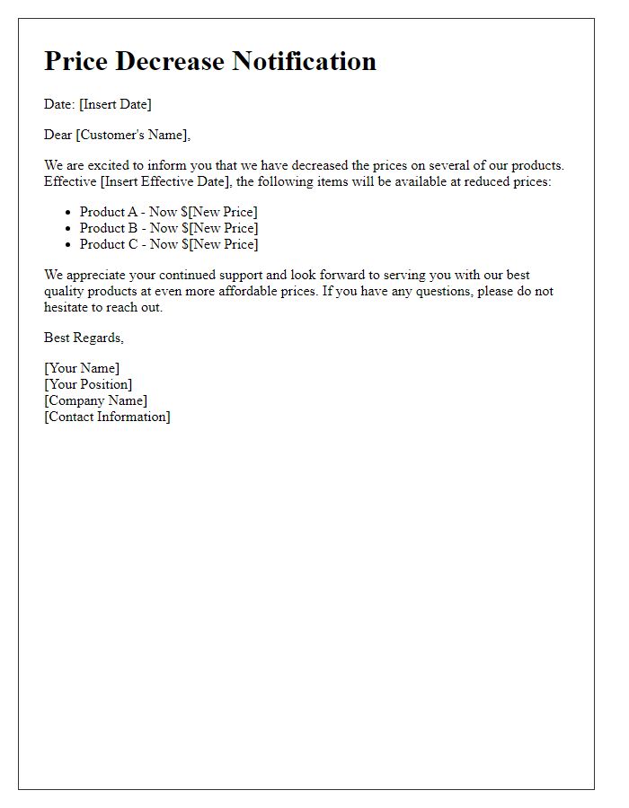 Letter template of price decrease notification