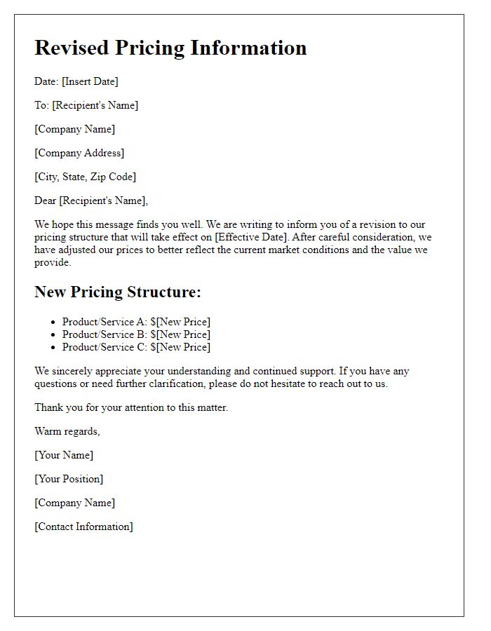 Letter template of revised pricing information