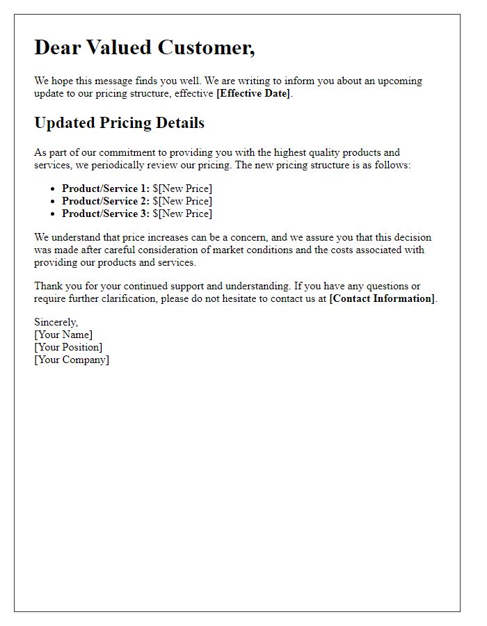 Letter template of updated pricing announcement