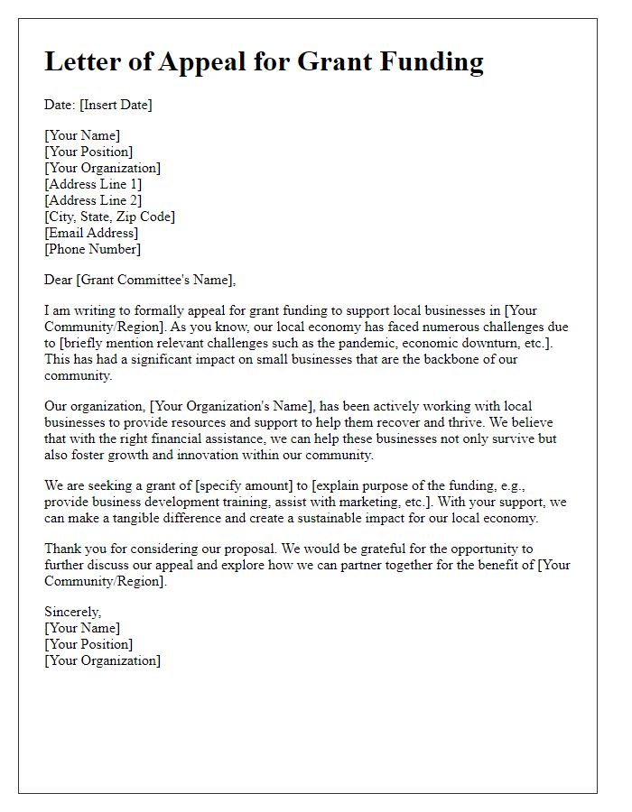 Letter template of appeal for grant funding for local businesses