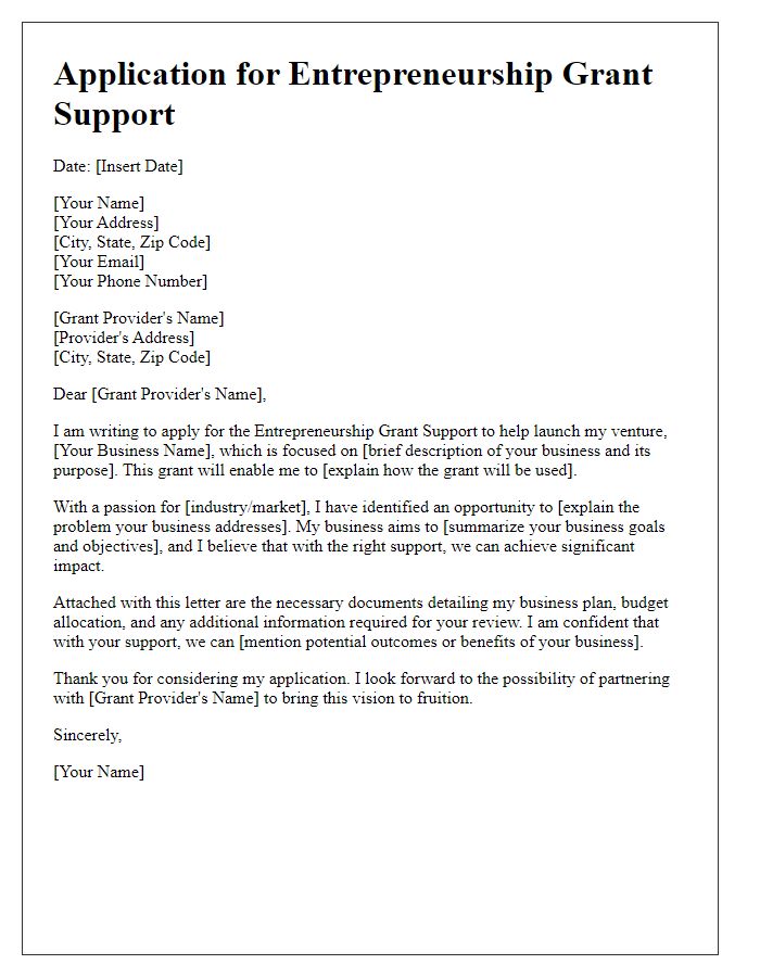 Letter template of application for entrepreneurship grant support