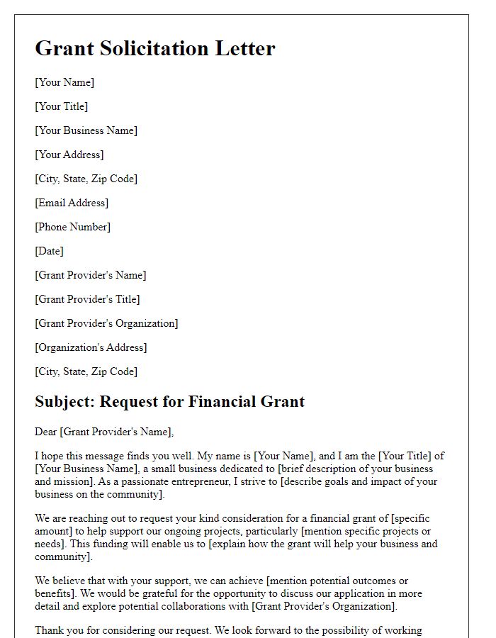 Letter template of solicitation for small business financial grant