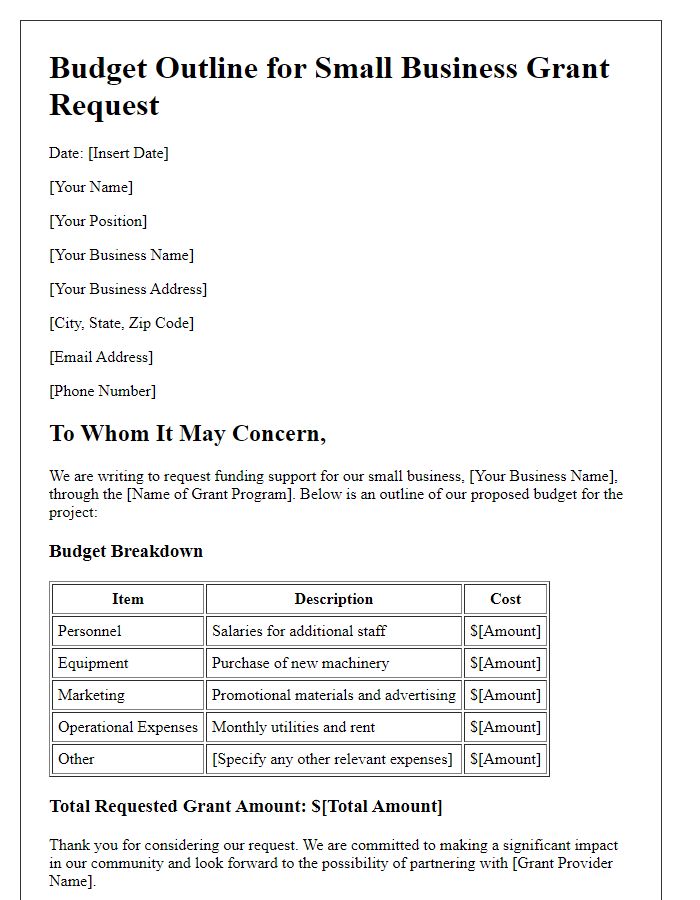 Letter template of budget outline for small business grant request