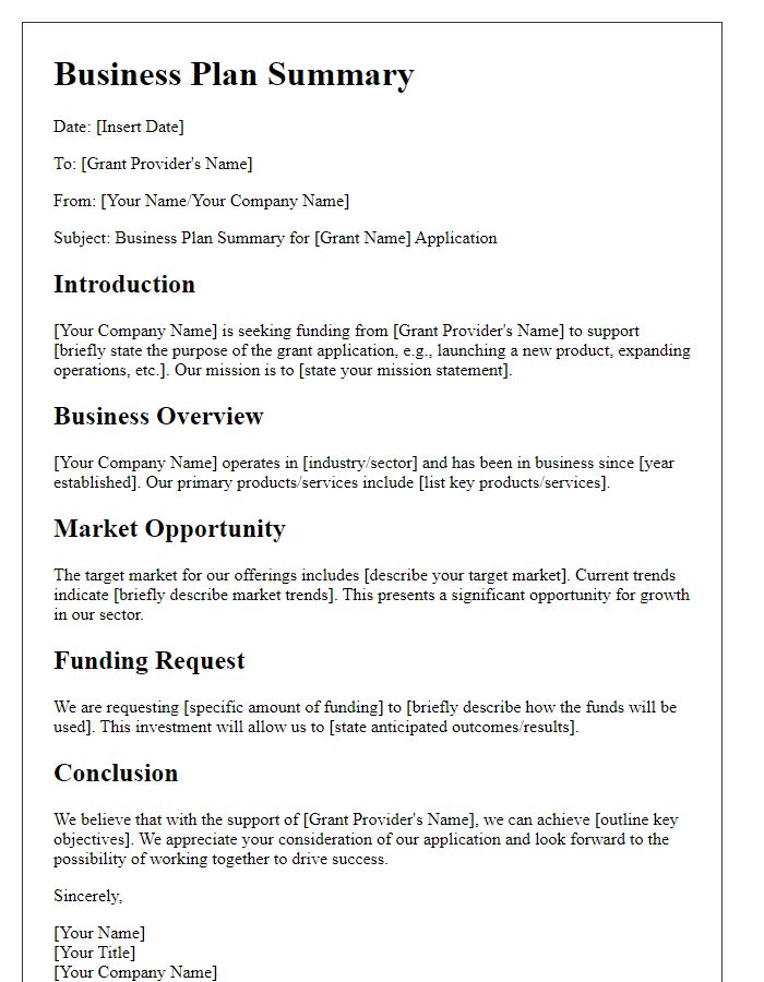 Letter template of business plan summary for grant application