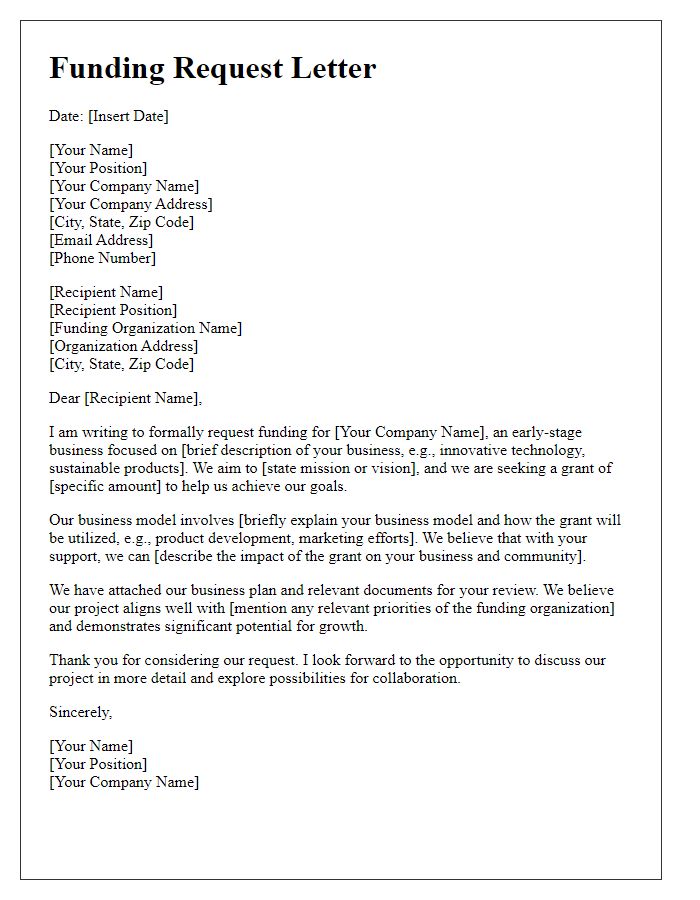 Letter template of funding request for early-stage business grant application