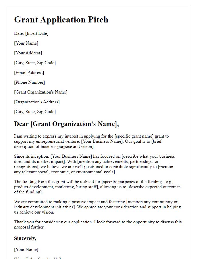 Letter template of pitch for entrepreneurship grant application