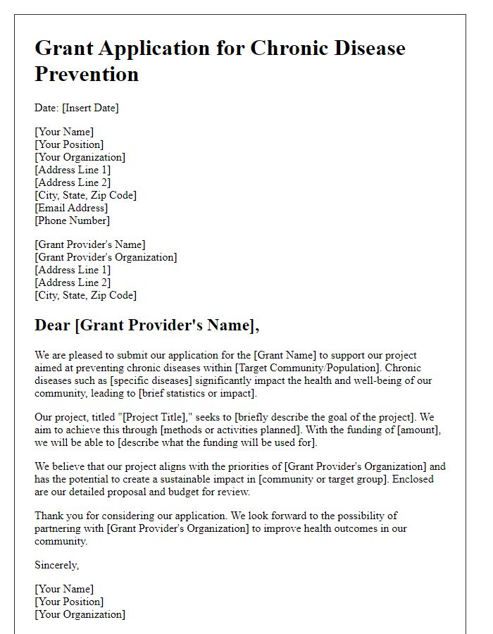 Letter template of health grant application for chronic disease prevention