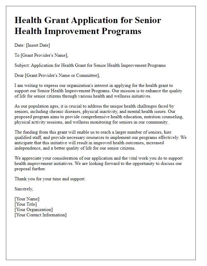 Letter template of health grant application for senior health improvement programs