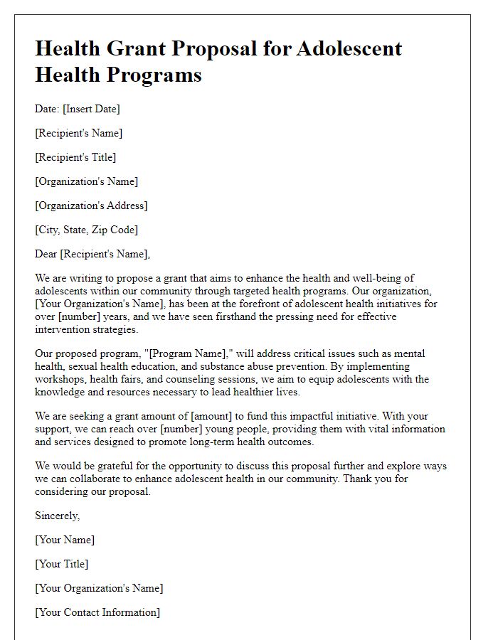 Letter template of health grant proposal for adolescent health programs