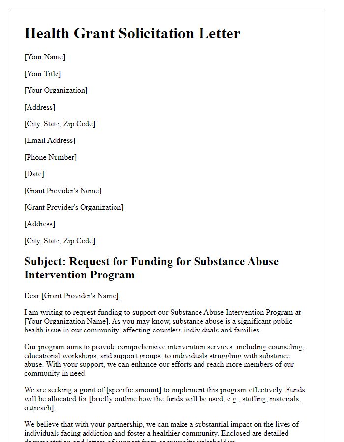 Letter template of health grant solicitation for substance abuse intervention