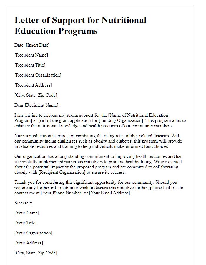 Letter template of health grant support for nutritional education programs