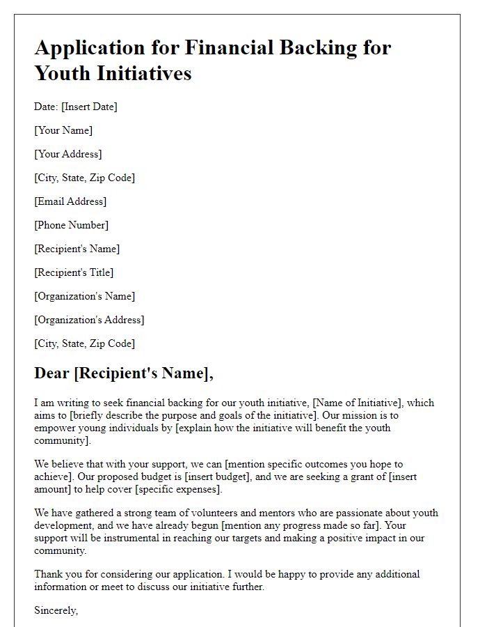 Letter template of application for financial backing for youth initiatives