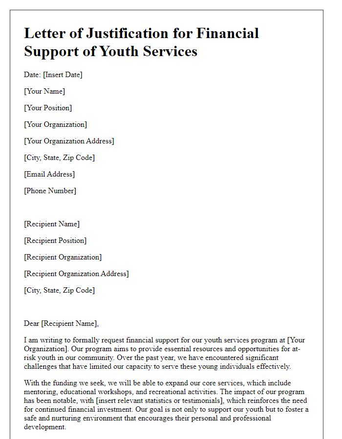 Letter template of justification for financial support of youth services