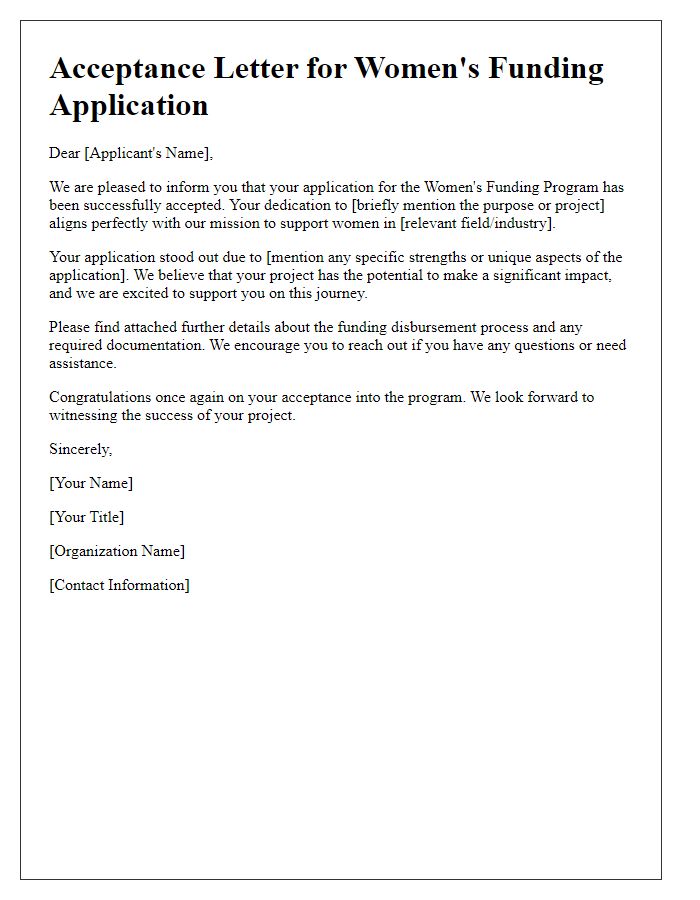 Letter template of acceptance for women's funding applications