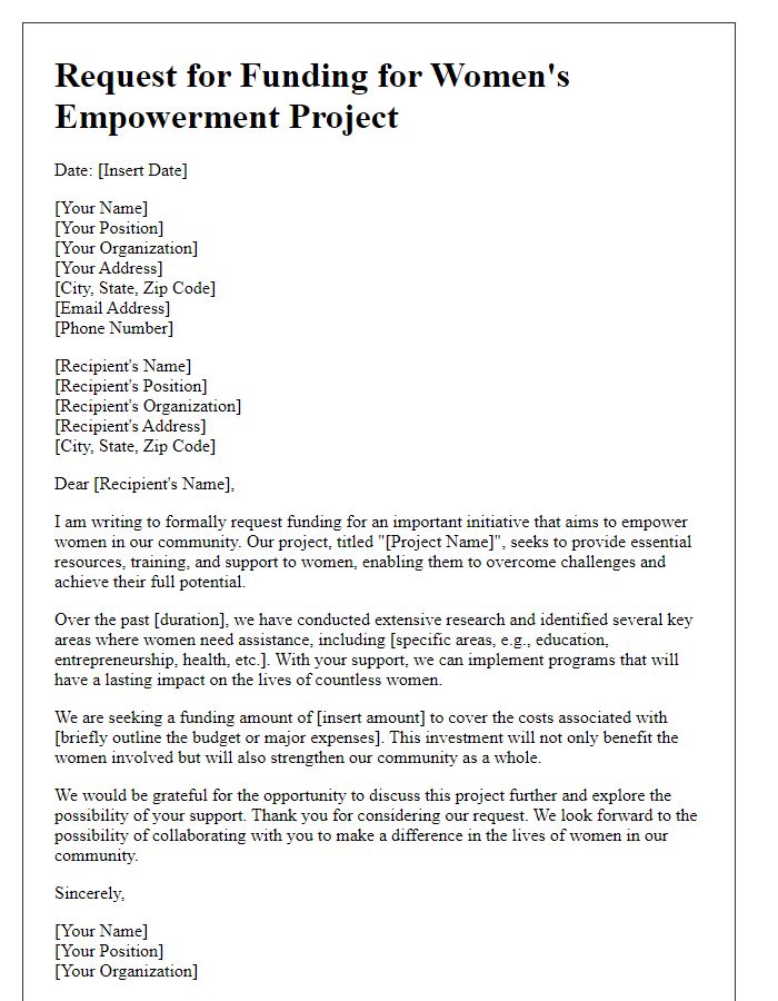 Letter template of request for funding in women's project