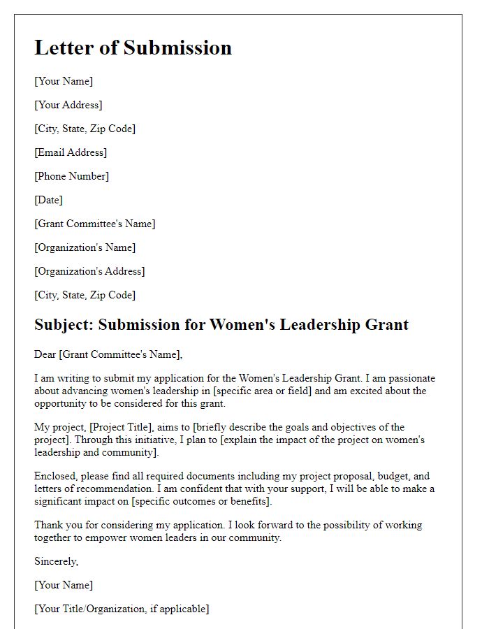 Letter template of submission for women's leadership grant