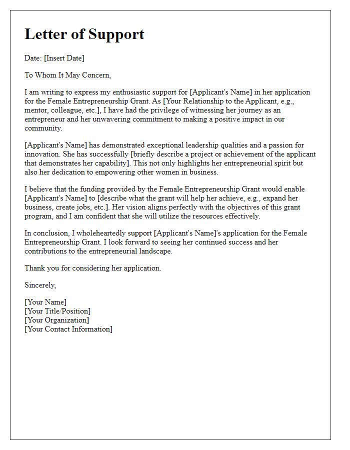 Letter template of support for female entrepreneurship grant