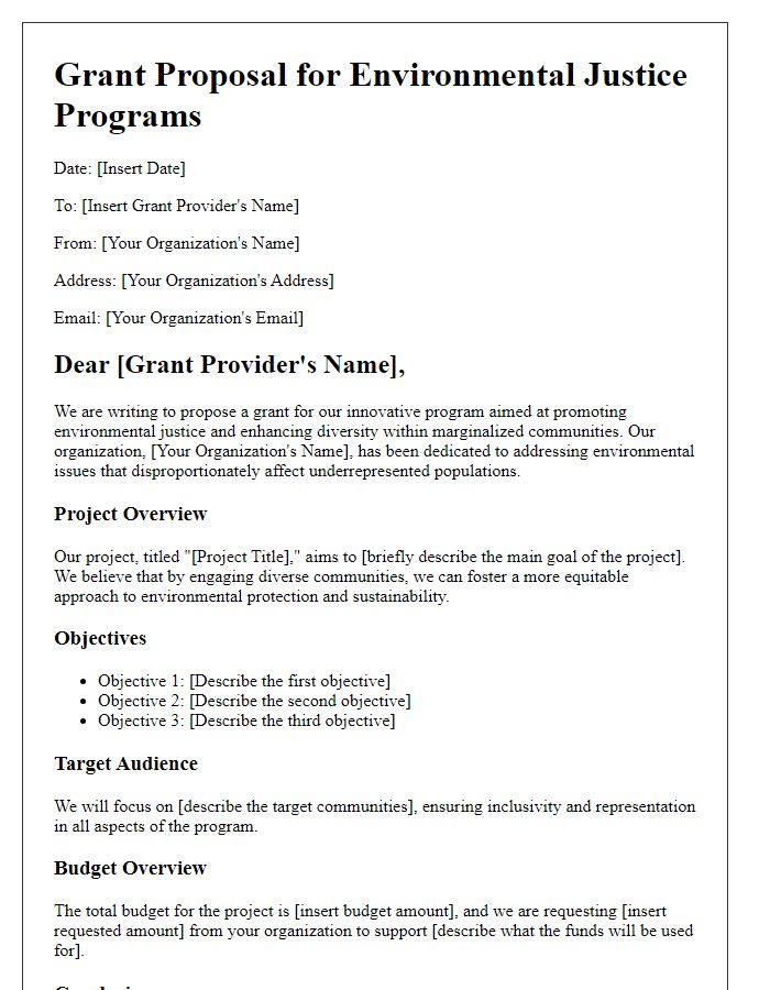 Letter template of diversity grant proposal for environmental justice programs