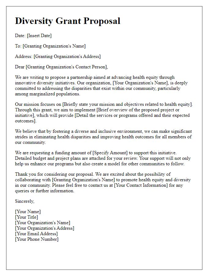 Letter template of diversity grant proposal for health equity initiatives