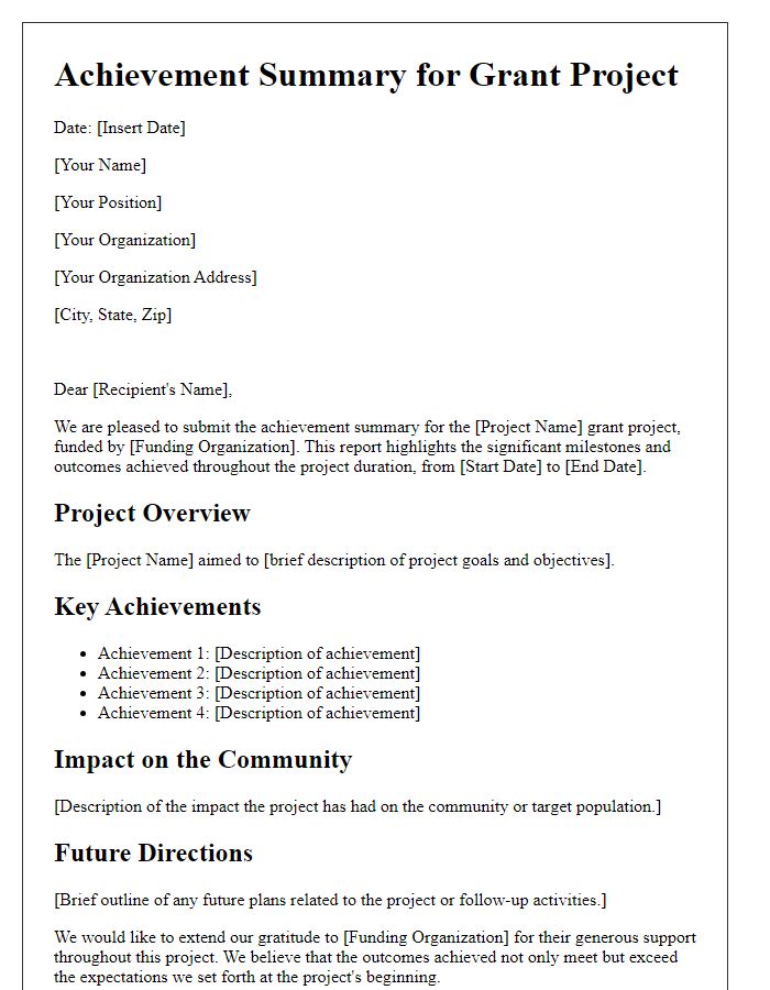 Letter template of achievement summary for grant projects