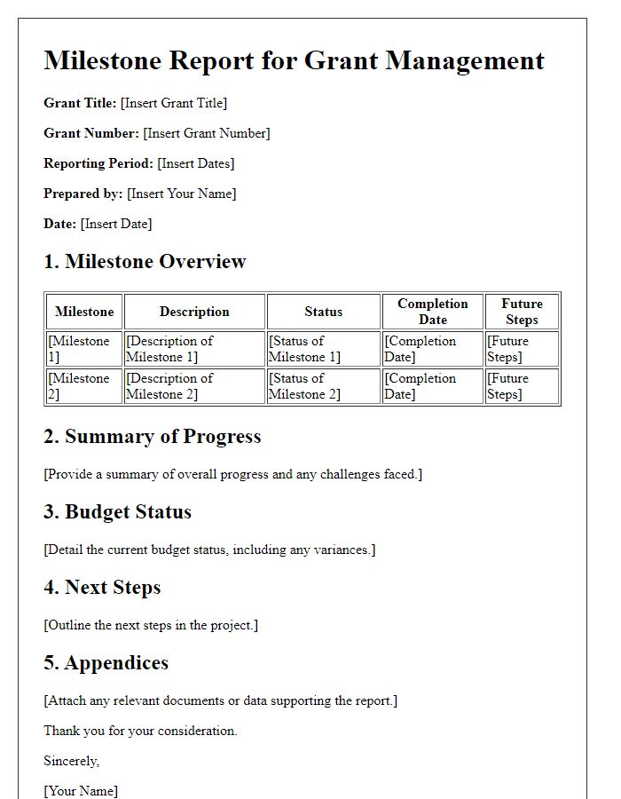 Letter template of detailed milestone report for grant management