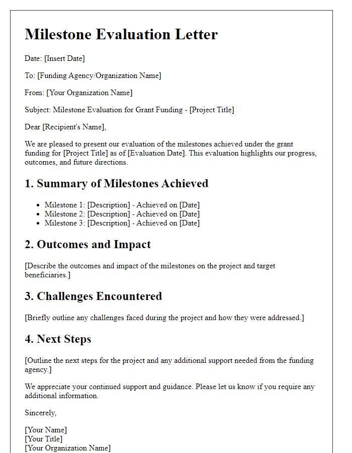 Letter template of milestone evaluation for grant funding