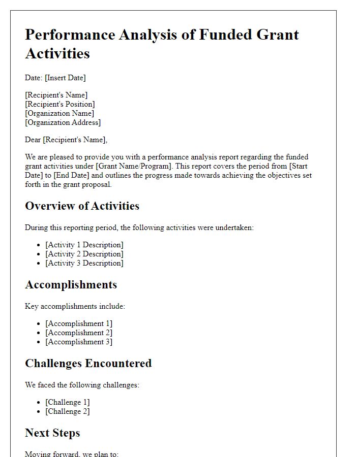 Letter template of performance analysis for funded grant activities