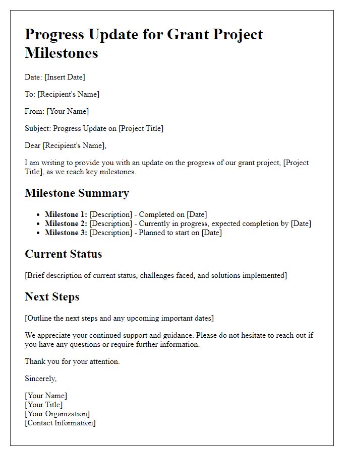 Letter template of progress update for grant project milestones