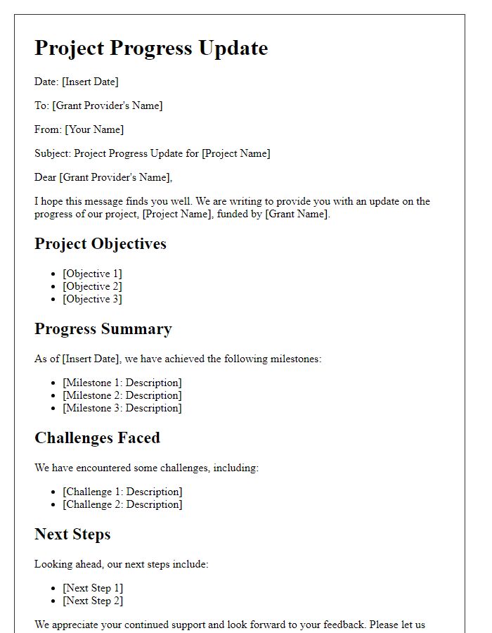 Letter template of project progress communication for grant purposes