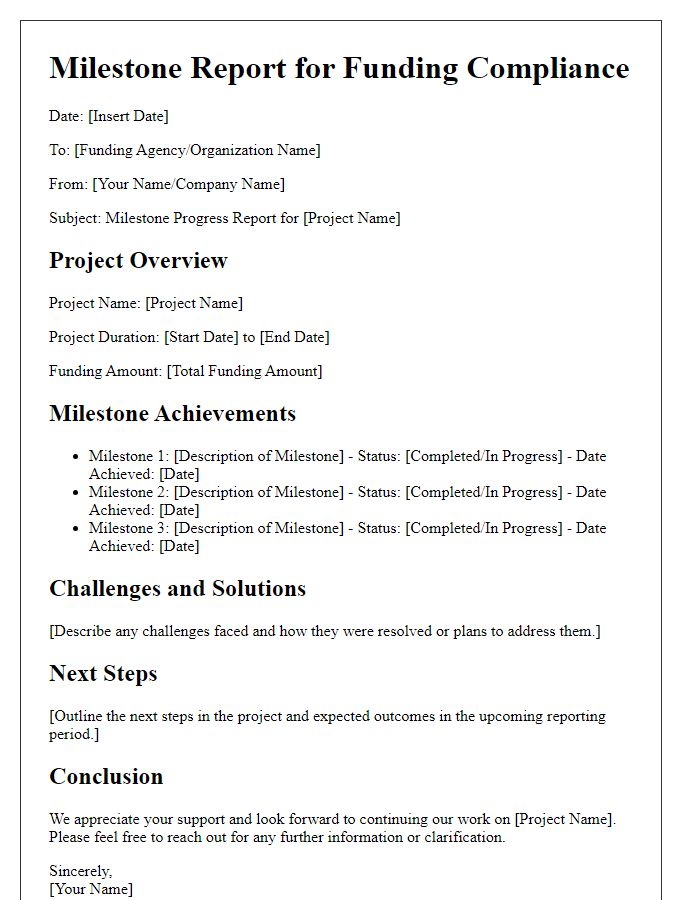 Letter template of reporting milestones for funding compliance