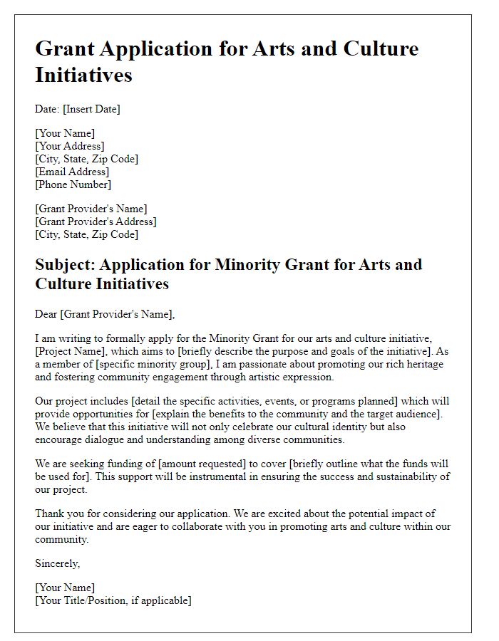 Letter template of minority grant application for arts and culture initiatives.