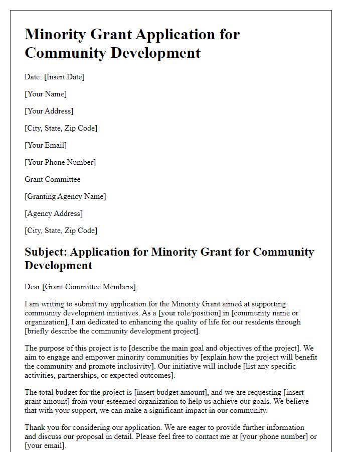 Letter template of minority grant application for community development.