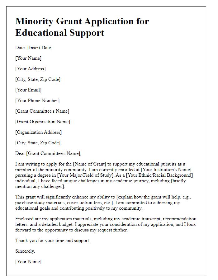 Letter template of minority grant application for educational support.