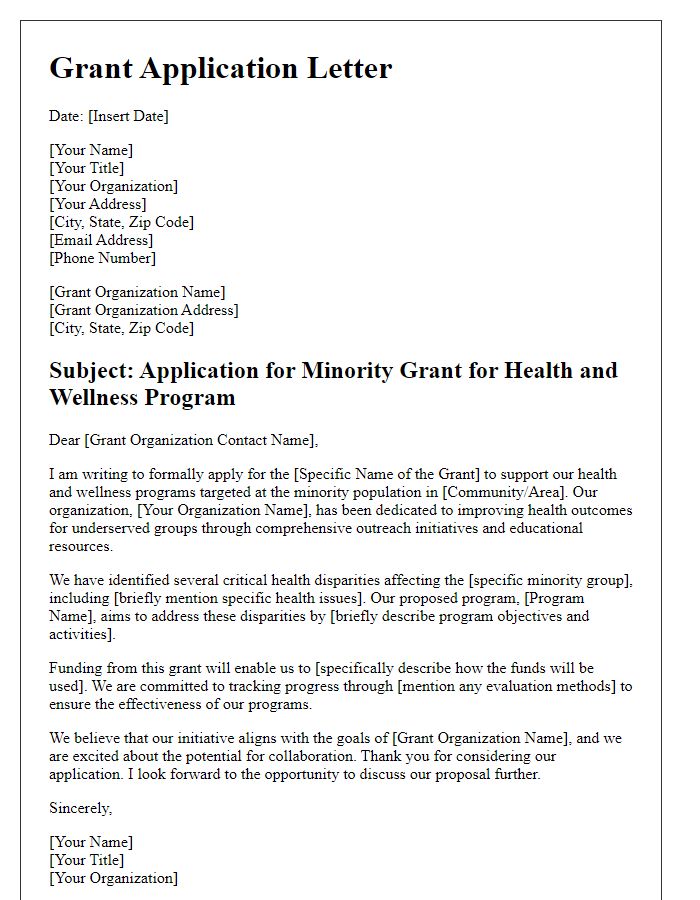 Letter template of minority grant application for health and wellness programs.