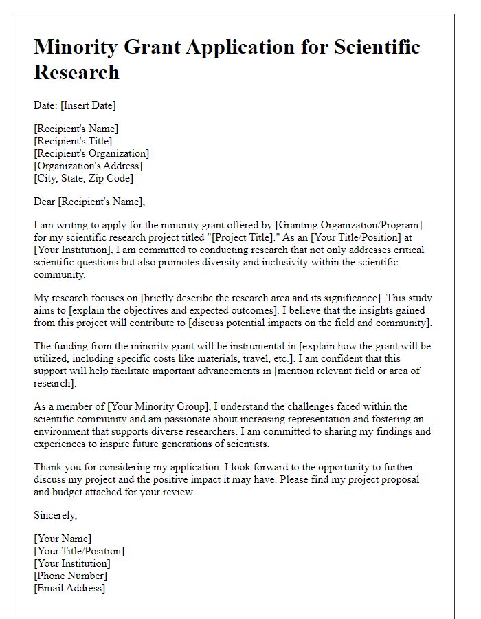 Letter template of minority grant application for scientific research projects.