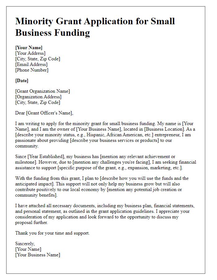 Letter template of minority grant application for small business funding.