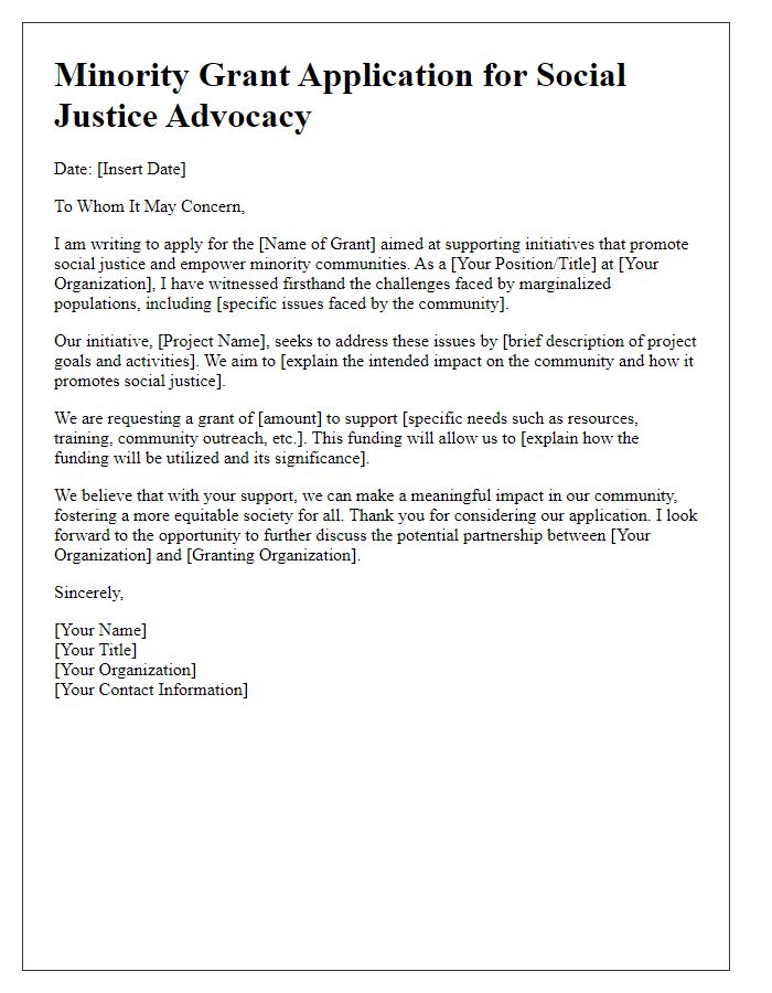 Letter template of minority grant application for social justice advocacy.