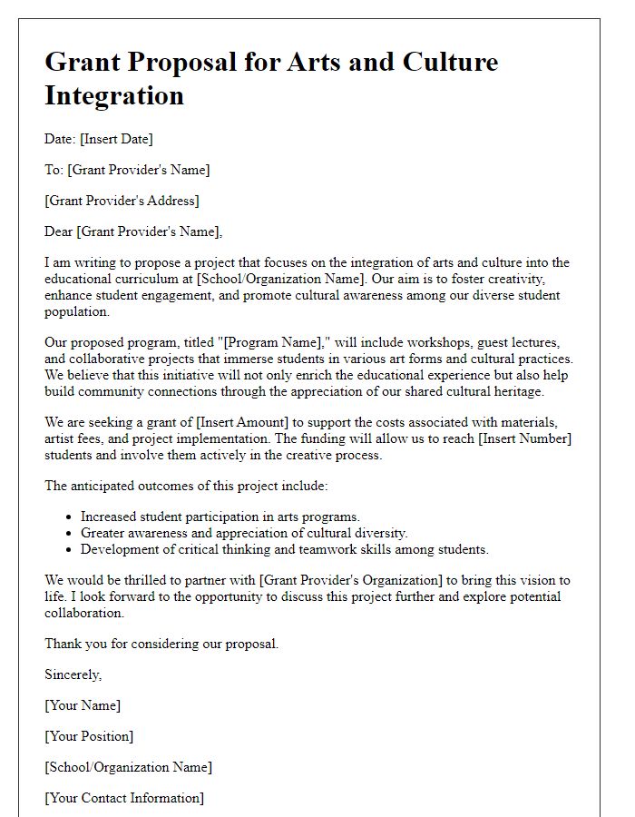 Letter template of educational grant proposal for arts and culture integration.