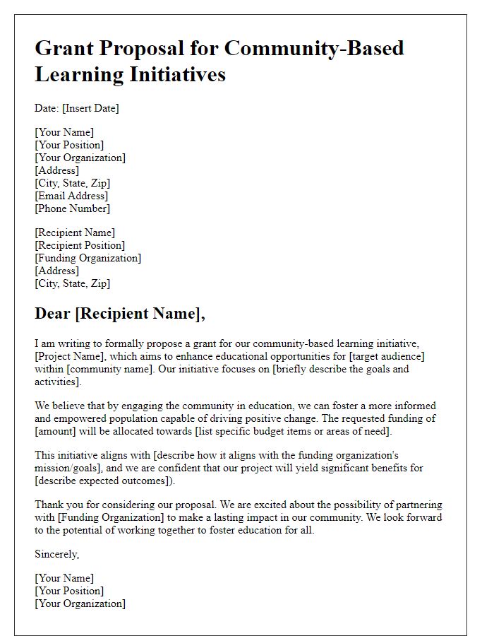 Letter template of educational grant proposal for community-based learning initiatives.