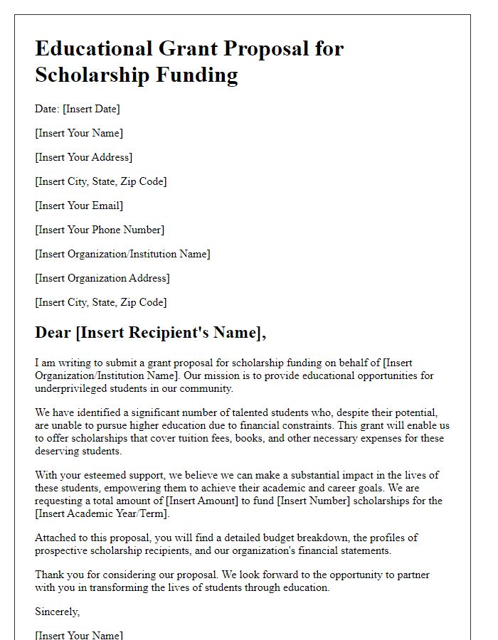 Letter template of educational grant proposal for scholarship funding.