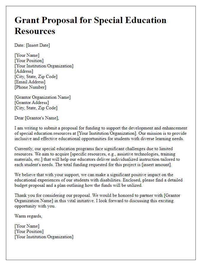 Letter template of educational grant proposal for special education resources.